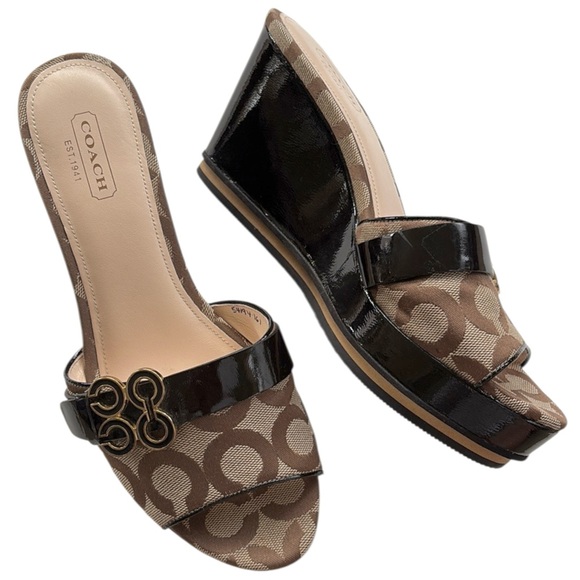 Coach Brown and Black Wedge Sandals - Picture 1 of 9
